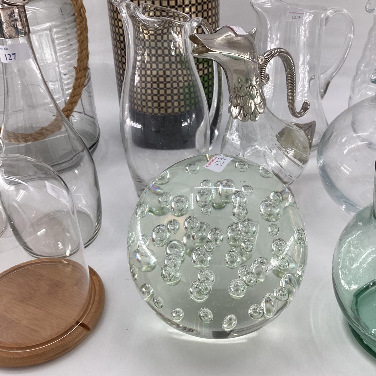 A quantity of glass jugs, including a decorative glass jug with silver plated head and tail styled - Image 2 of 10