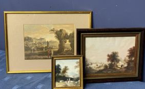 Three C19th century watercolours of figures in landscapes in gilt glazed frames, largest 17cm x 24