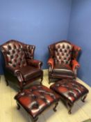 Pair Red/Brown OXBLOOD Thomas Lloyd leather winged arm chairs and 2 pouffes/Stools. SEE ALL PHOTOS
