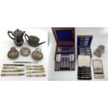 A set of 6 sterling silver dinner forks by Charles Marsh, Dublin 1828 together with a silver tea pot