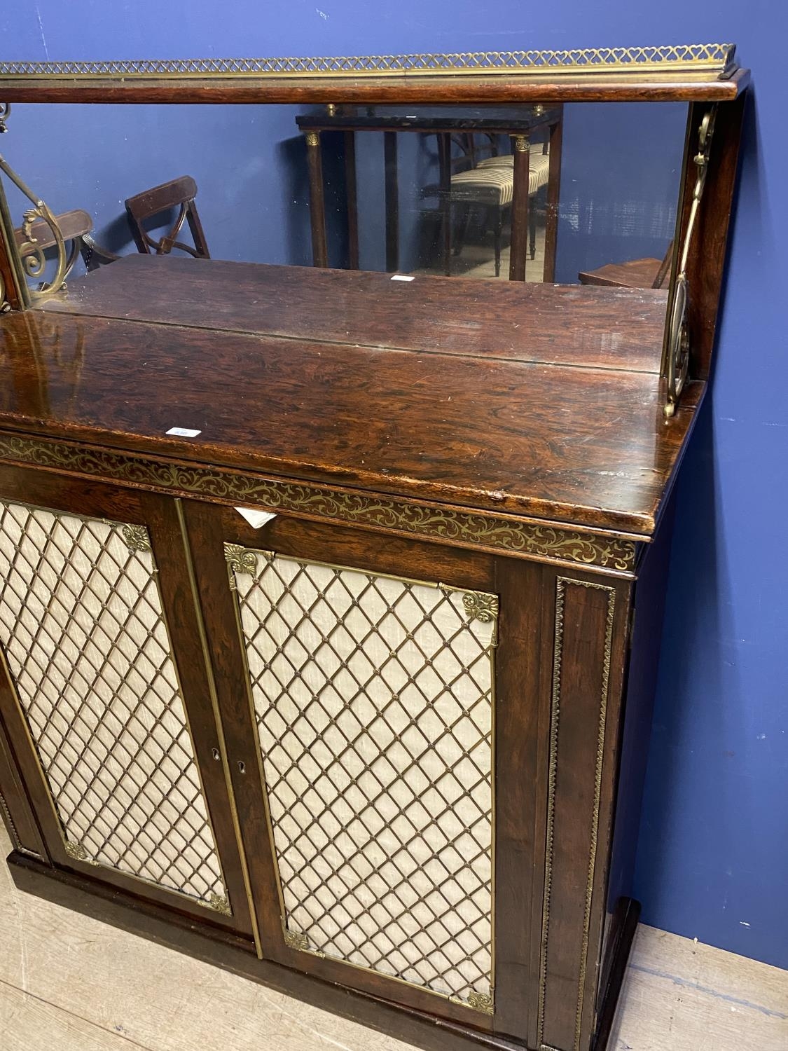 Good Regency brass inlaid rosewood chiffonier with mirrored back below brass galleried shelf above a - Image 5 of 10