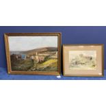 C19th/C20th oil on canvas, Taormina, 50 x 68cm, in gilt frame and a watercolour of a church, by C