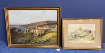 C19th/C20th oil on canvas, Taormina, 50 x 68cm, in gilt frame and a watercolour of a church, by C