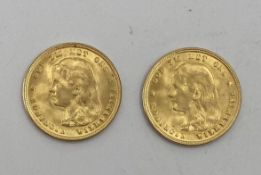 Two 10 gilder Dutch gold coins, each 1897, Koningin Wilhelmina, 13.4g
