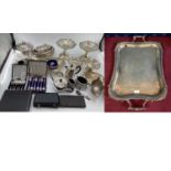 A large oblong silver plated tray, cast border, chased decoration with loop handles 69 cm x 41 cm,