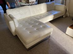 Modern cream Leather L shaped sofa with chrome style legs and matching pouffe and 2 similar modern
