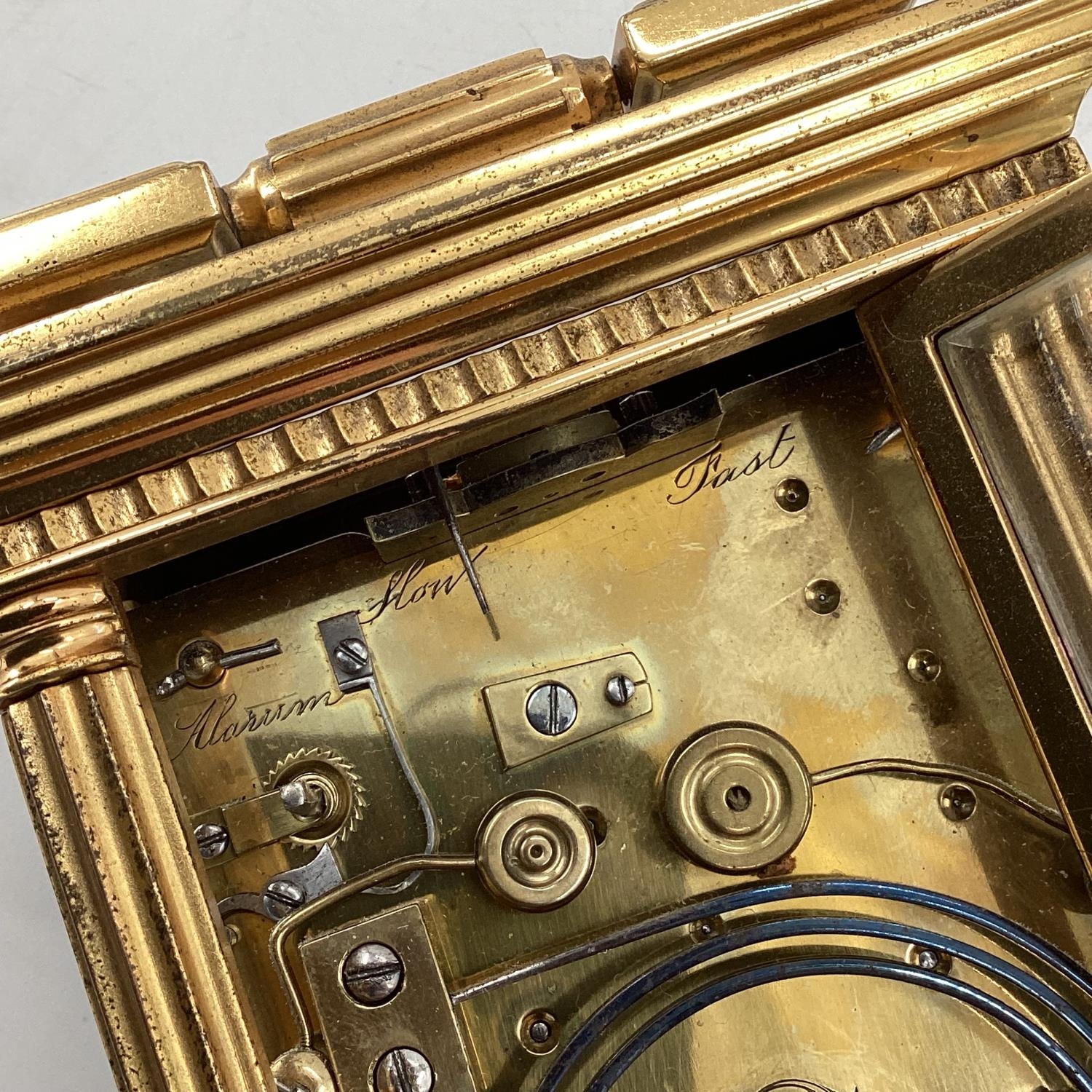 A gilt brass carriage clock, with five glass panels, striking on a gong. - Image 7 of 7