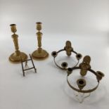 Pair of ornte gilded candlesticks 26cmH, and a pair of wall sconces, and a small/mini metal easel