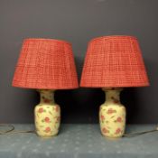 Pair of china lamps, decorated pink flowers, with pink POOKY silk pleated lampshades, lamps 36cmH