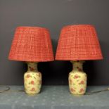 Pair of china lamps, decorated pink flowers, with pink POOKY silk pleated lampshades, lamps 36cmH