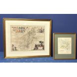 A framed double sided hand coloured map of Northamptonshire with framed glazed text verso with one