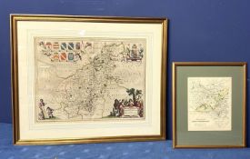 A framed double sided hand coloured map of Northamptonshire with framed glazed text verso with one