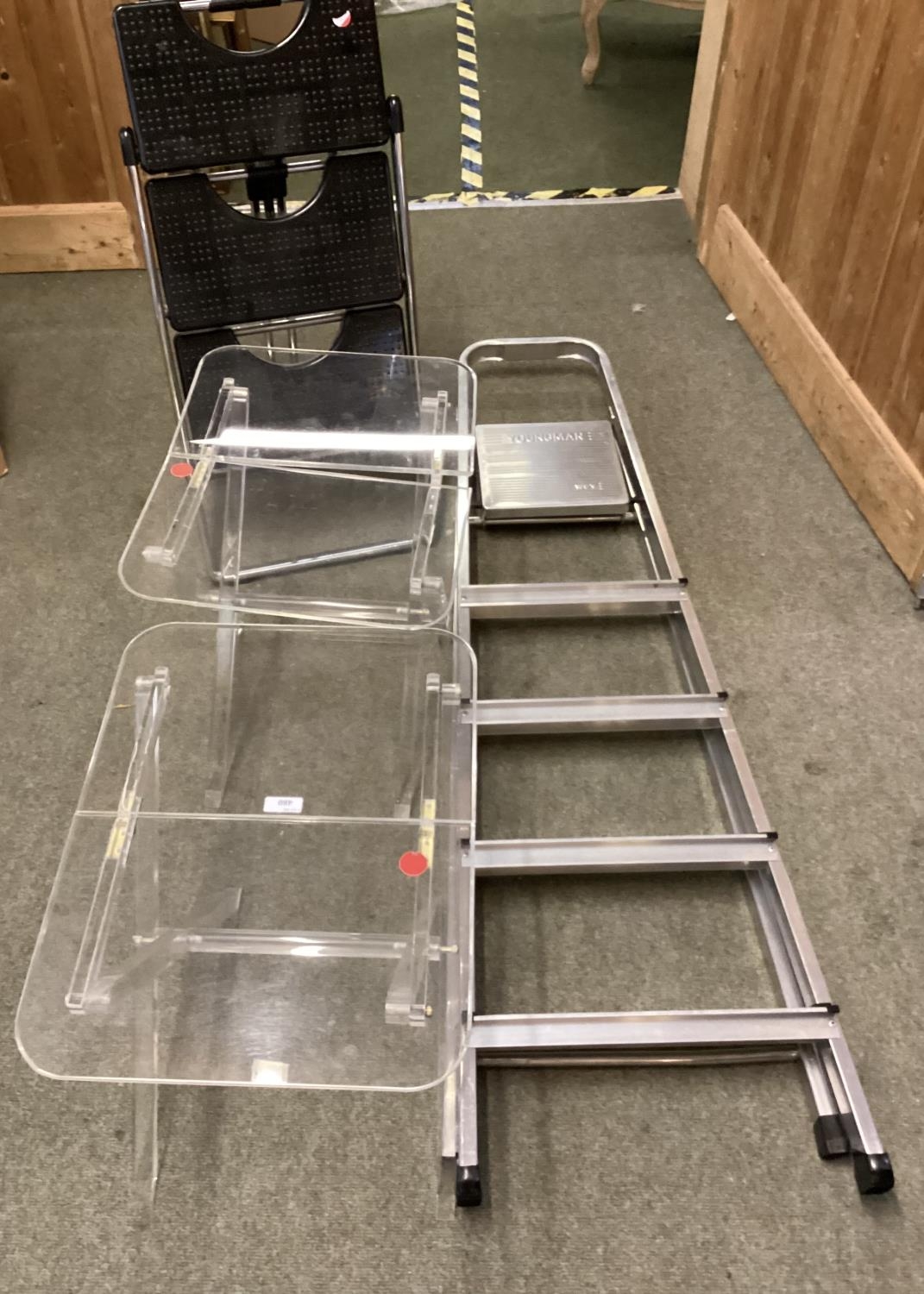 Pair of Perspex side tables, and two step ladders