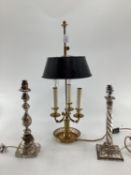 3 branch brass desk lamp and two other lamp bases