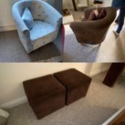 A small floral upholstered tub armchair , a brown upholstered tub arm chair and two square cubed