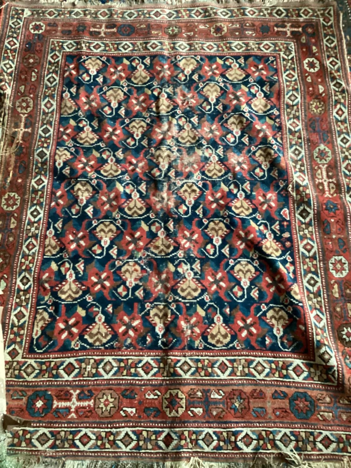 Three antique rugs, all in worn condition, and as found, see images. Largest is 208 x 315; 158 x