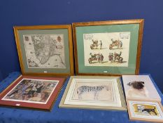 A quantity of framed and glazed pictures, to include a map of Germany, Zebra, Labrador, pug, and A