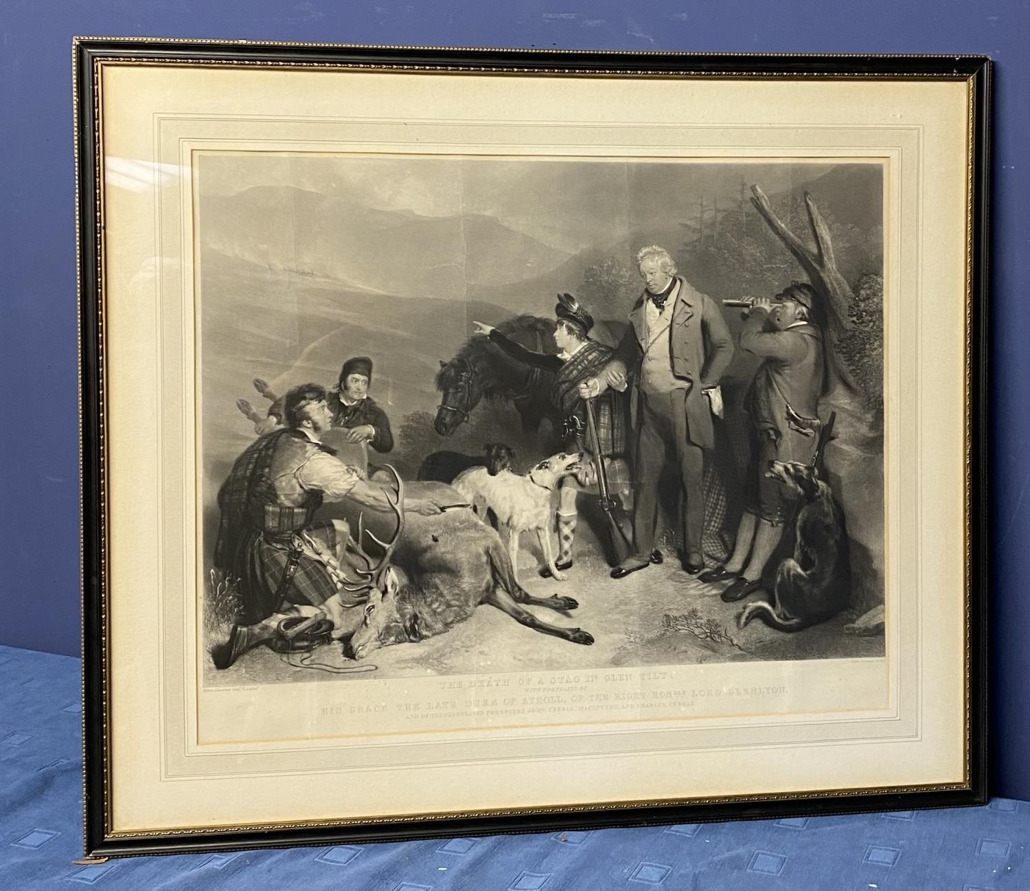 After Edwin Landseer, black and white print, "The Death of a Stag in Glen Tilt", engraved by J