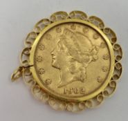 A $20 gold coin, 1902, in a 9ct gold pendant mount, 39.26g