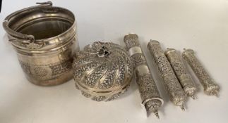 Middle Eastern white metal lidded bowl, with reeded floral decoration and gilt interior, stamped