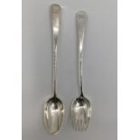 A sterling silver serving spoon and fork, London 1790, 232g