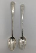 A sterling silver serving spoon and fork, London 1790, 232g