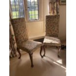 Pair of crewel/tapestry upholstered high backed side chairs, and a high backed chair upholstered