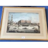 A hand coloured etching print of Venice in a gilt frame