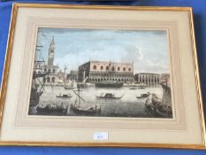 A hand coloured etching print of Venice in a gilt frame