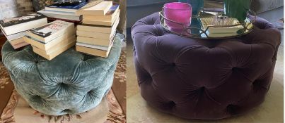 Two Circular buttoned stools, upholstered in a green velvet fabric, and one in a purple fabric