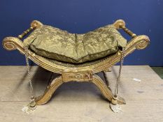 A good decorative gilt X framed stools with matching cushions and tassels