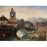 C19th Continental oil on canvas Clock and Musical box picture. Naive village scene. Repaired hole to