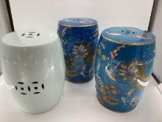 Pair of modern china blue garden seat drums, in the Chinese taste, decorated water, fish and