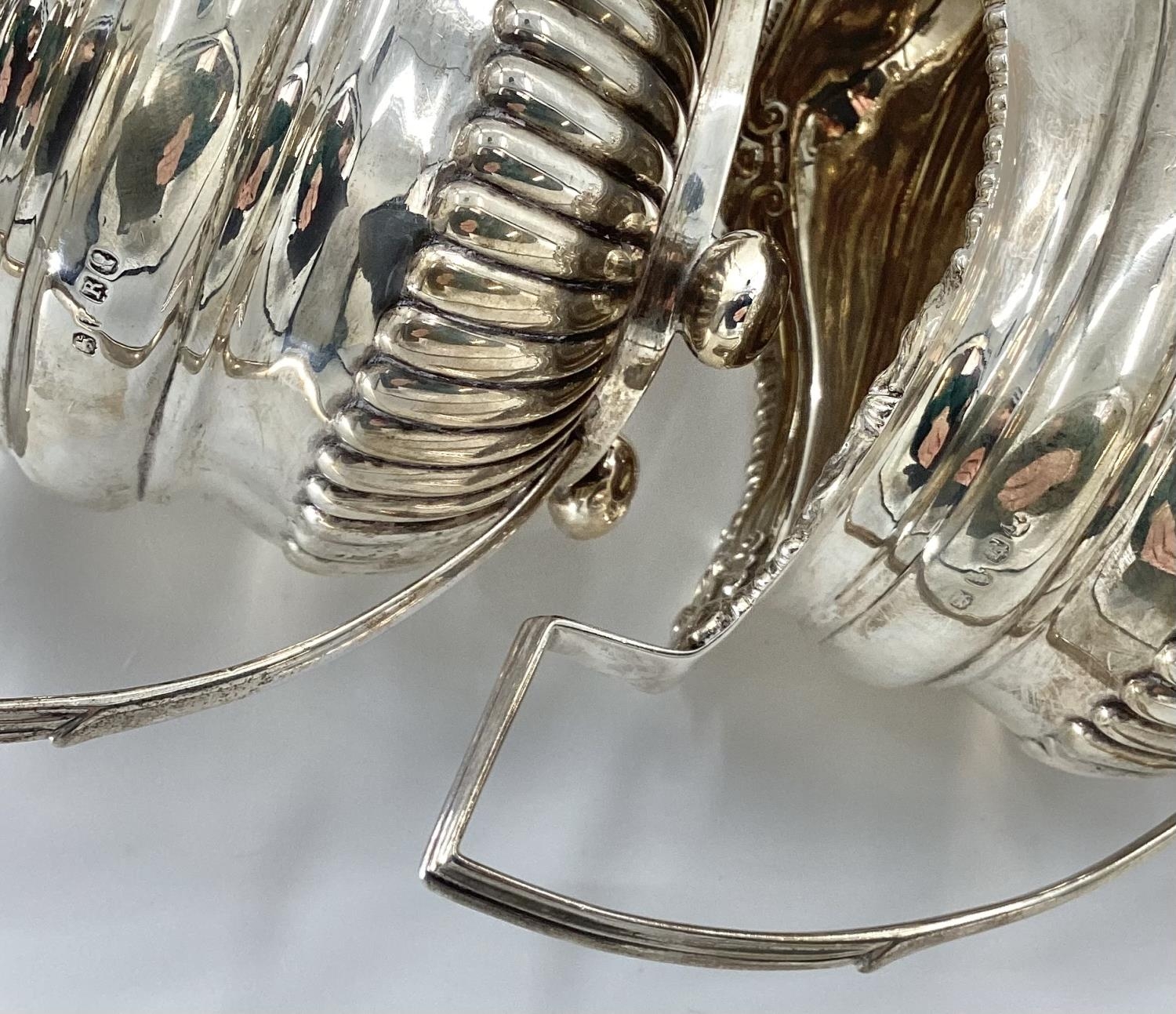 A sterling silver 3 piece tea set of half reeded design by JW Story and W Elliot, Lon - Image 6 of 8