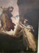Large C20th oil on canvas of a religious scene, requires restoration, 112 x 86cm, unframed