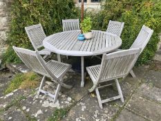 GARDEN FURNITURE Teak Garden circular table and folding chairs, all weathered and used, chairs