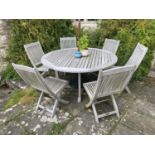 GARDEN FURNITURE Teak Garden circular table and folding chairs, all weathered and used, chairs