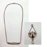 A 9ct gold fancy link necklace 5.70g, and A 9ct gold Art Nouveau pendant set with Amethyst and