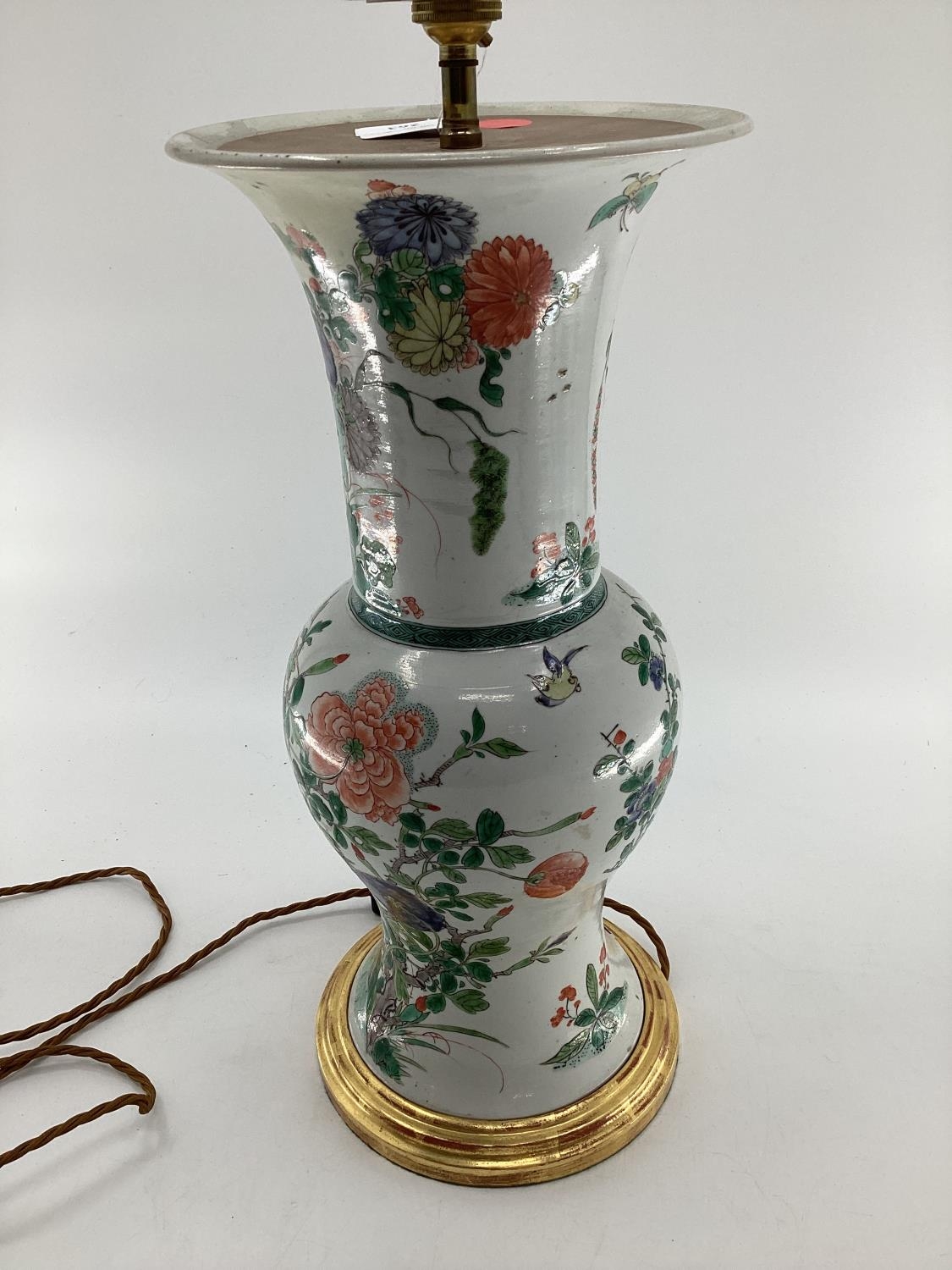 A good Chinese style Famille verte pattern lamp with cream pleated shade, lamp 46cmH - Image 4 of 6