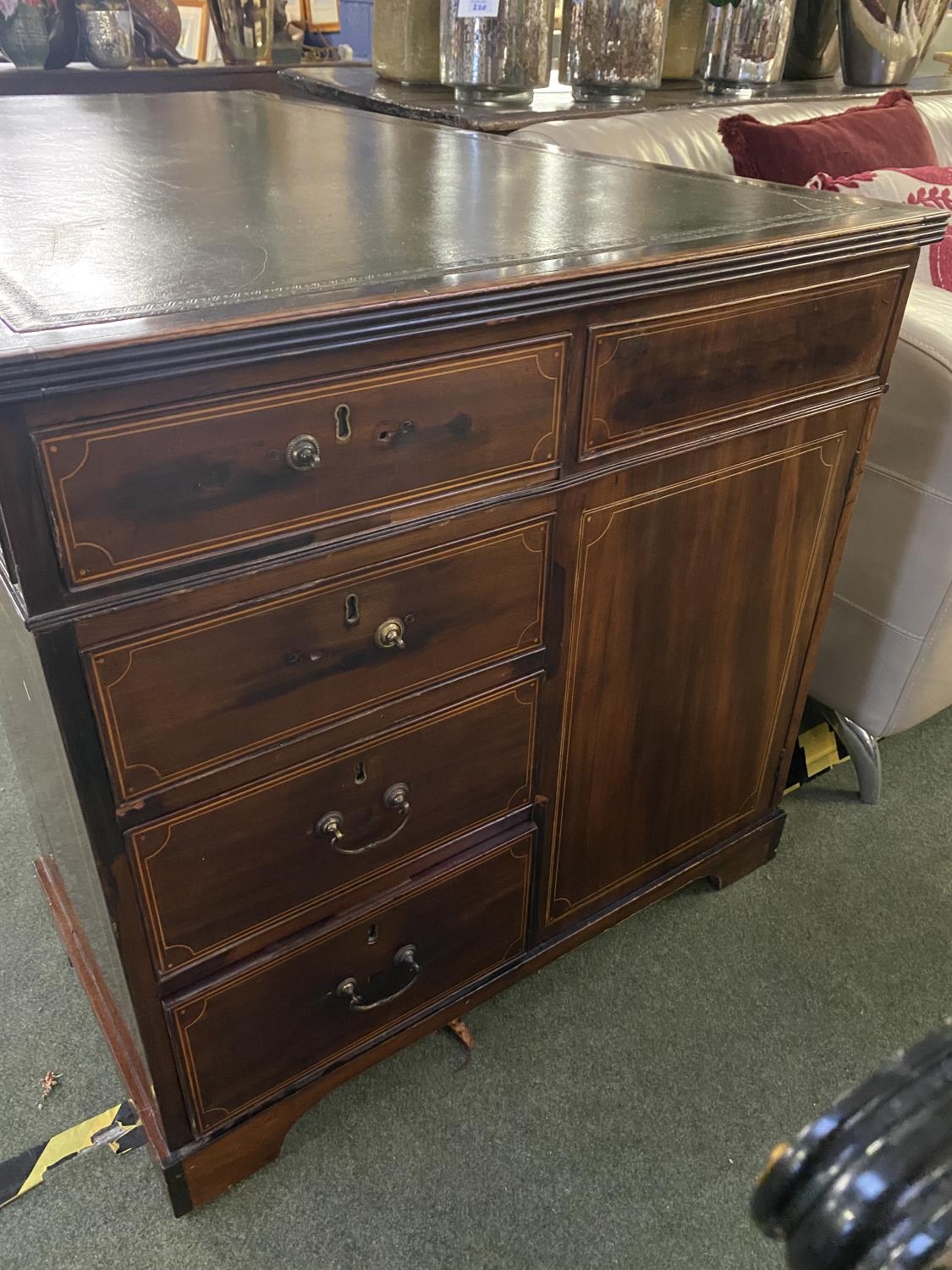 A good quality inlaid and cross banded mahogany twin pedestal writing desk, with three drawers and - Image 2 of 5