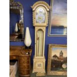 Contemporary small painted long case clock, with glass door, revealing chains, brass weights and