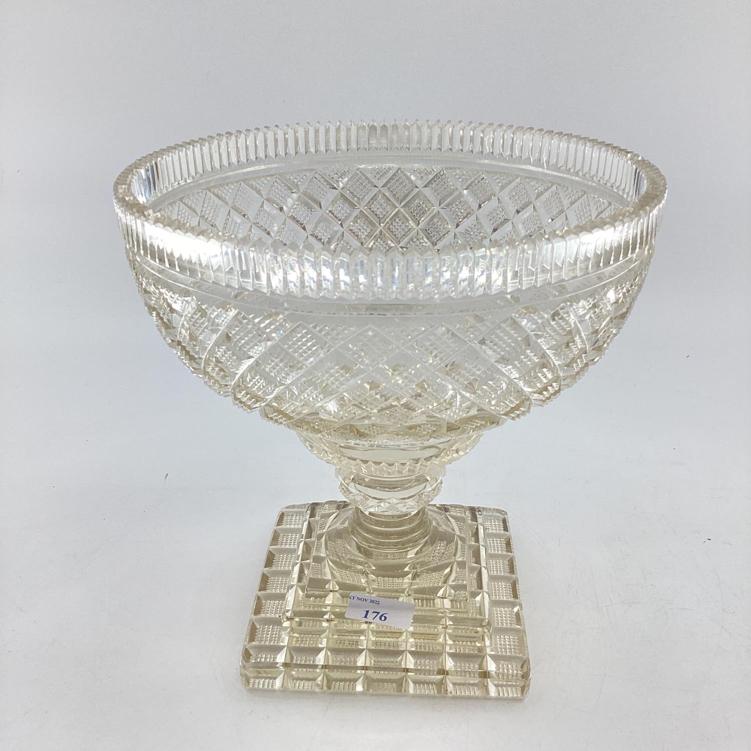 C20th heavy cut glass fruit bowl standing on stepped foot