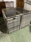 GARDEN FURNITURE: grey faux rattan/all weather garden table and chair cube set, comprising a table