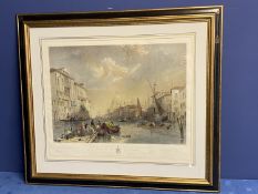 A large hand coloured etching print of Venice, Grand Canal, engraved by David Lucas, in a glazed