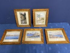 Five watercolours, "Scottish Scenes", 10 x 17cm and smaller, in maple frames