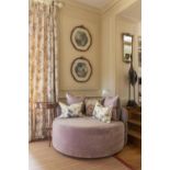 Large circular purple/mauve velvet, buttoned backed and brass studded chair , with 3 small