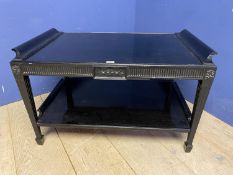 A decorative black two tier coffee table and Small modern black corner shelf unit, as found 93cmL