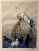 An early C20th hand coloured etching print of a fashionable lady with cats and printed copyright