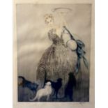 An early C20th hand coloured etching print of a fashionable lady with cats and printed copyright