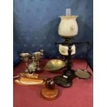 A collection of misc items, to include Salter balance scales, silver plated items, oil lamp and a